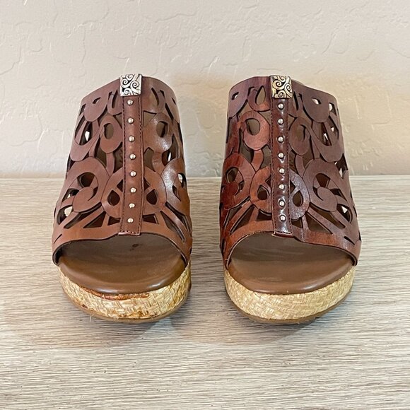 Brighton Sandals 6 Daria Brown Leather Silver Charm Woven Platform Wedge Slide - Picture 6 of 11